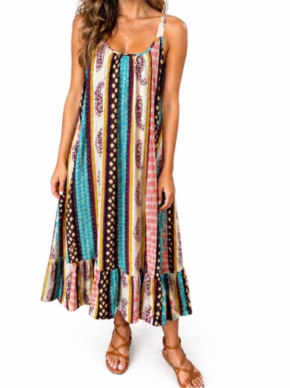 Rhea Bohemian brown, blue, multicolor striped sleeveless relaxed maxi dress